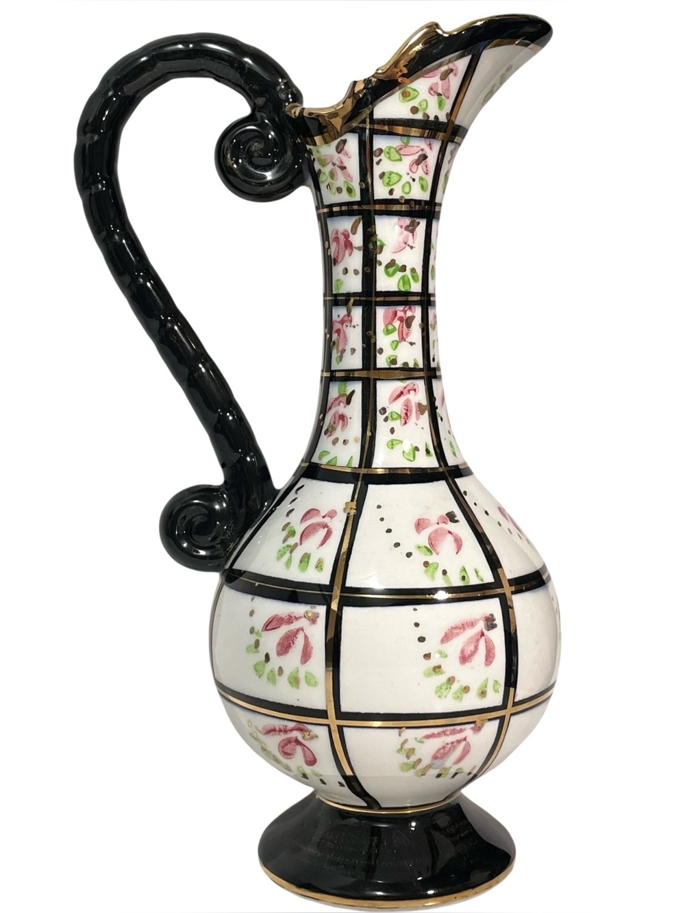 Vintage 1950s Hand Painted Black and Pink Plaid Pink Roses Pattern Ewer Pitcher